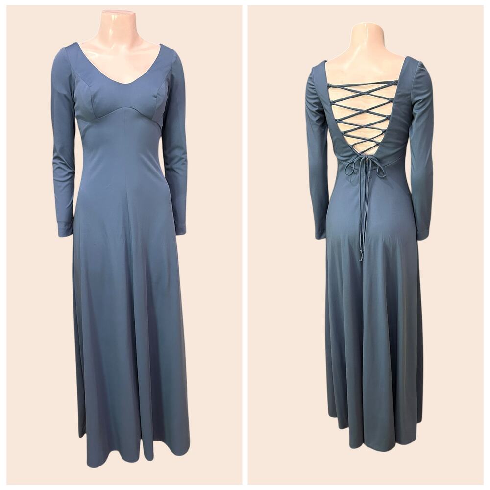 Vintage 70s Blue Maxi Dress Corset Lace Back Disco Gown XS NWT -